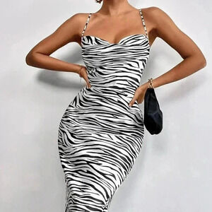 Black & White Preppy Womens Zebra Striped Lace Up Backless Cami Dress